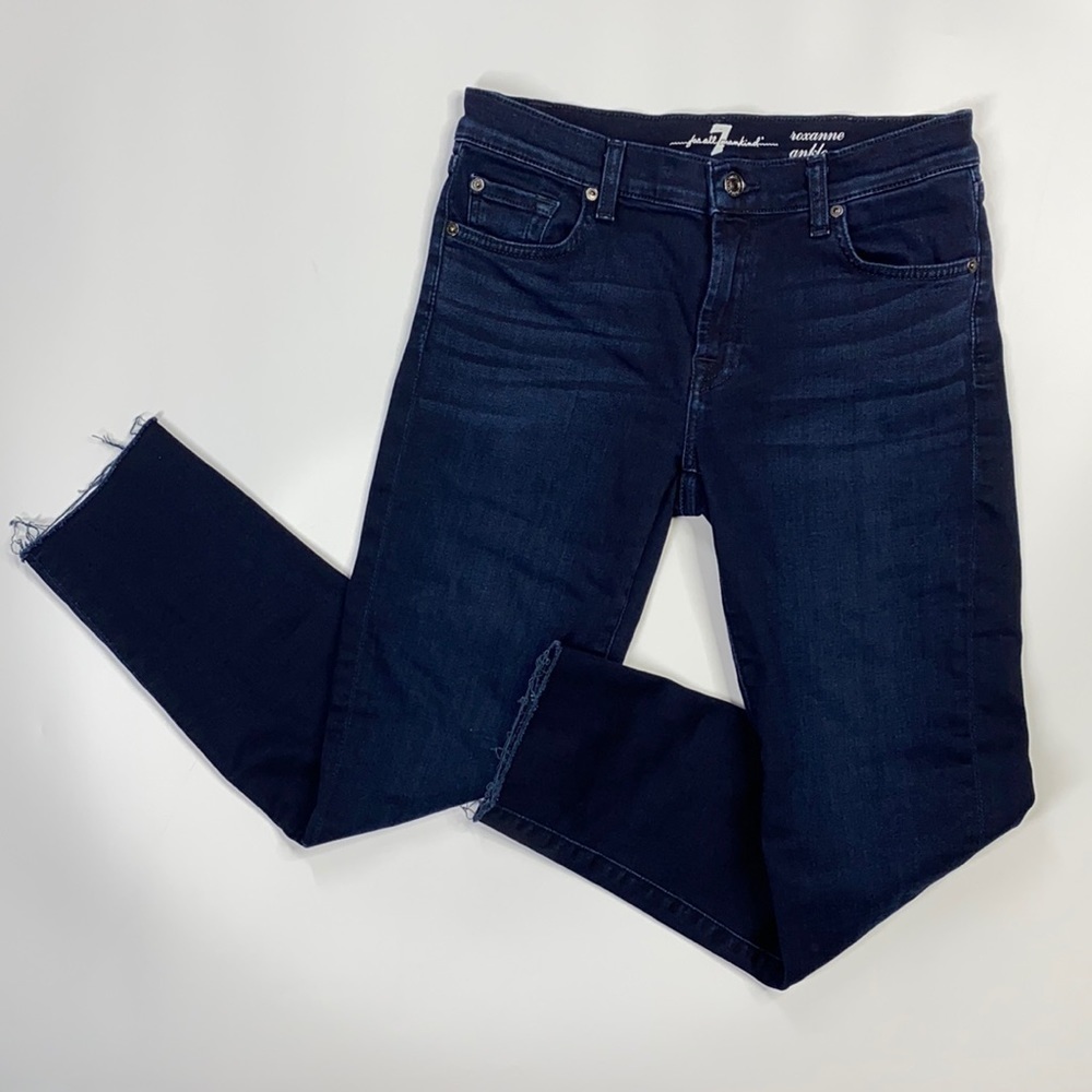 7 For All Mankind Dark Wash Skinny Cropped Raw Hem Jeans Size 28
